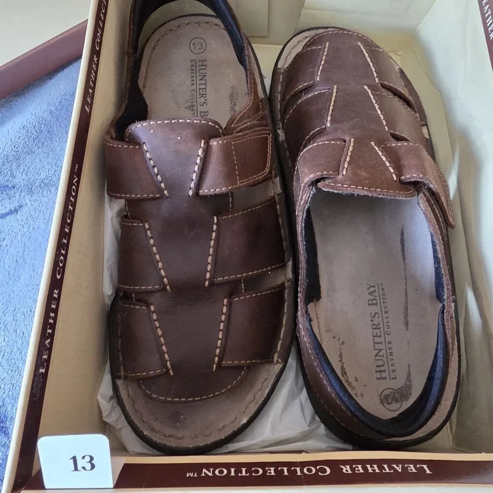 Hunter's Bay Sandals Shoes Mens Size 13 Brown Leather Hook Loop Casual